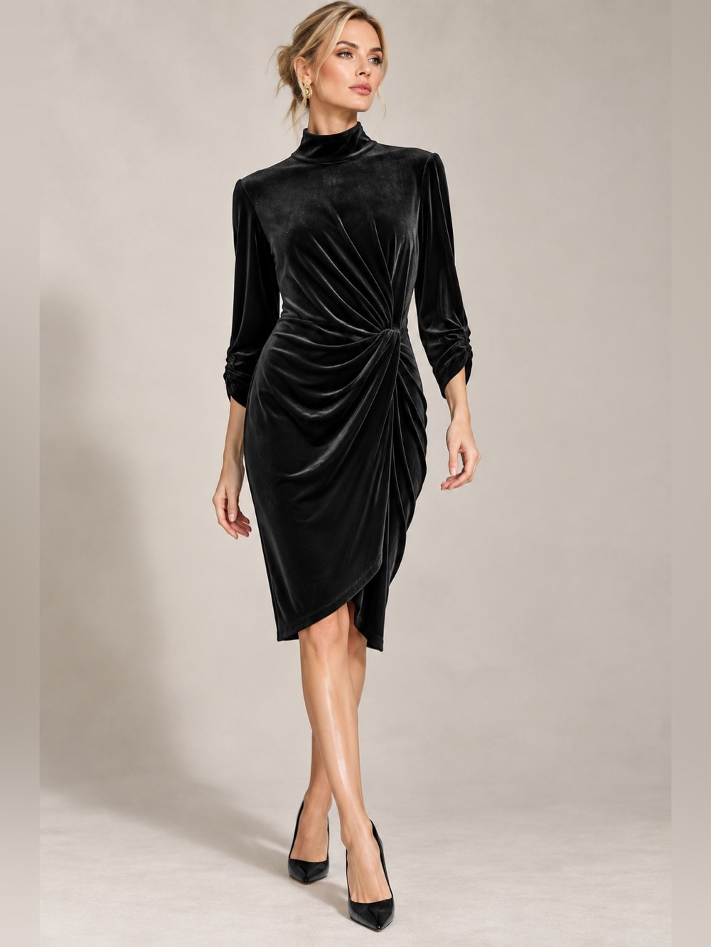 Alex Marie Black Velvet Ruched Twist Waist Asymmetrical Midi Dress Size 12
